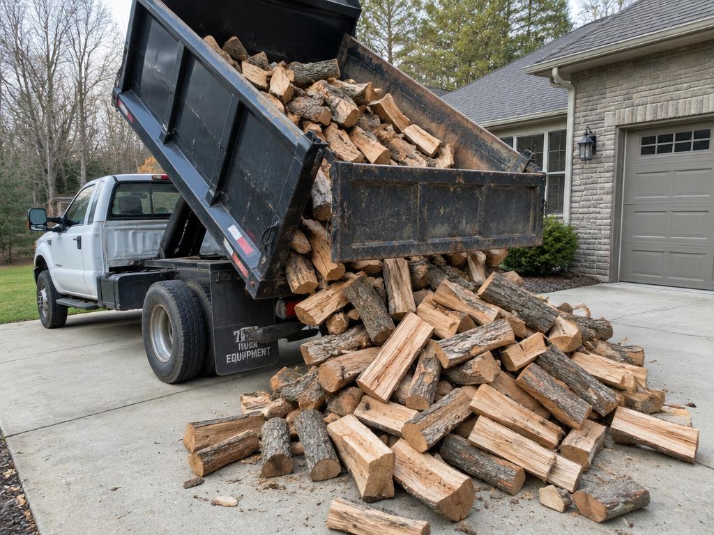 Déchargement de bois de chauffage devant une maison