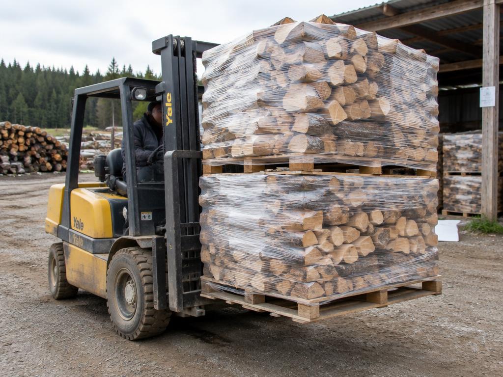Palettes de bois de chauffage filmées manipulées au chariot élévateur