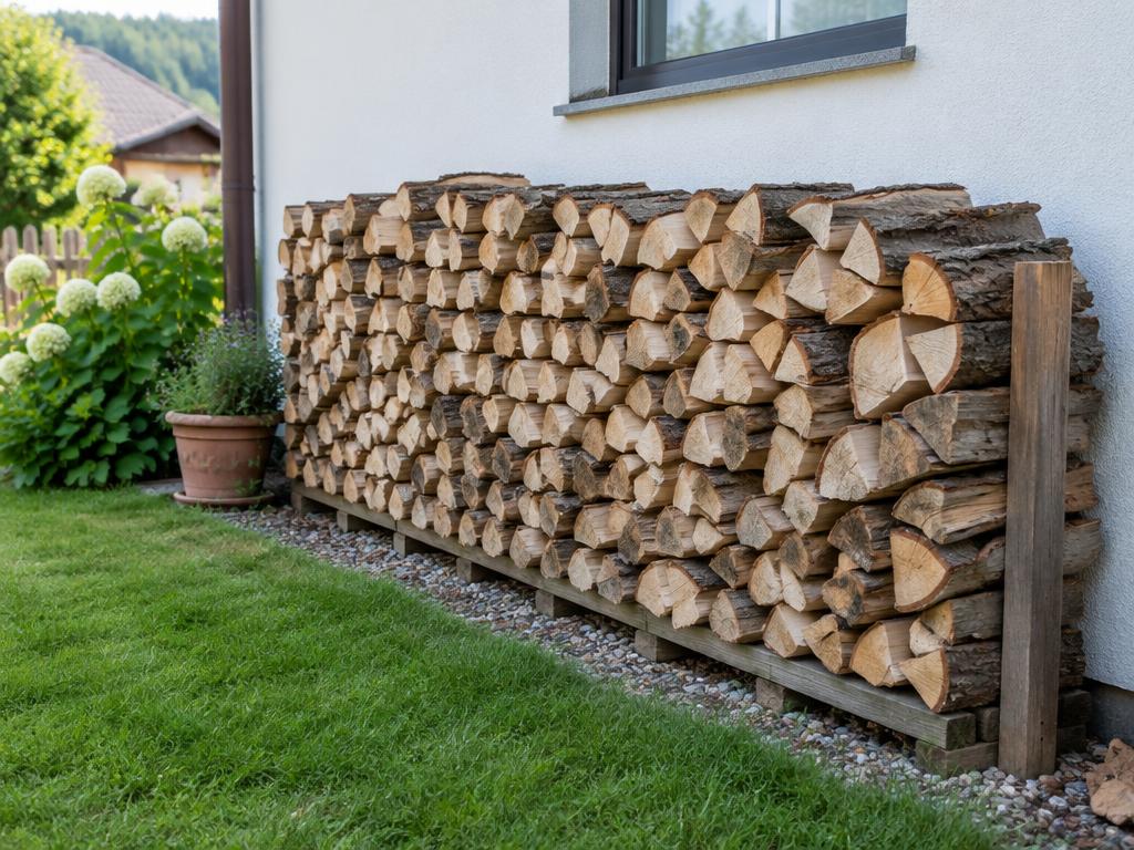 Bois de chauffage rangé le long d'une maison